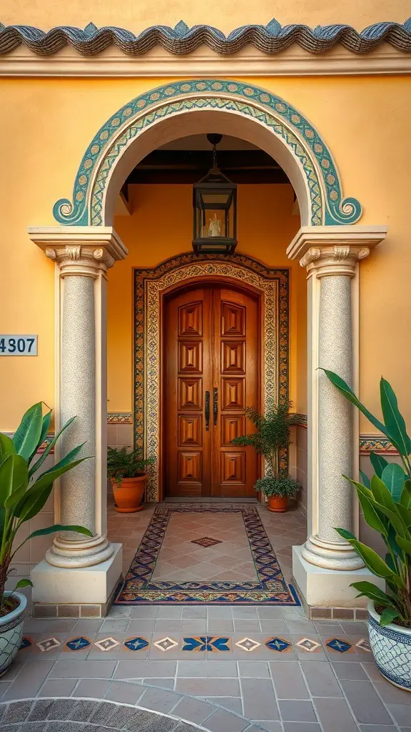 25+ Stunning Spanish Beach House Designs You’ll Love 3 Colorful tile work framing the entrance of a Spanish beach house