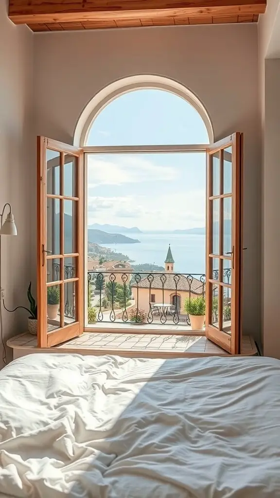 27+ Inspiring Spanish Mediterranean Bedroom Ideas for Your Home 16 A Mediterranean bedroom with open windows overlooking a scenic view of hills and water.