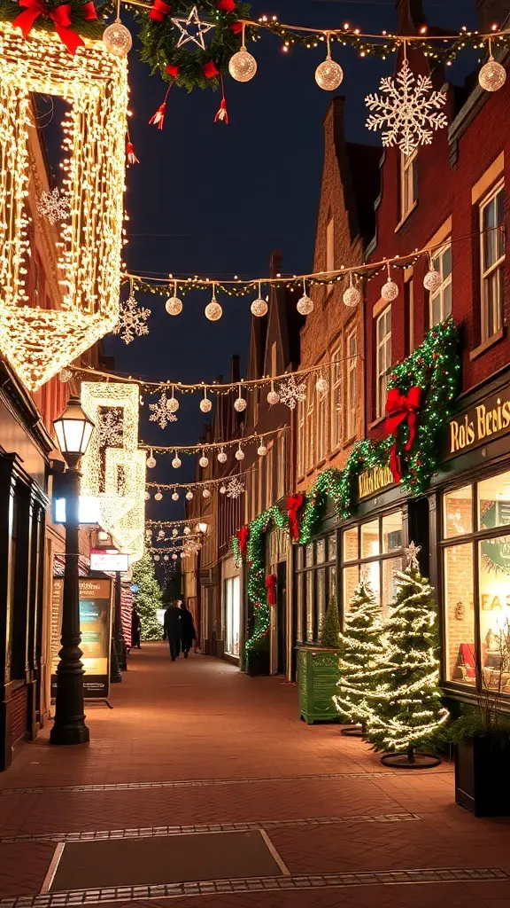 A beautifully decorated street with Christmas lights, wreaths, and trees, creating a festive atmosphere.