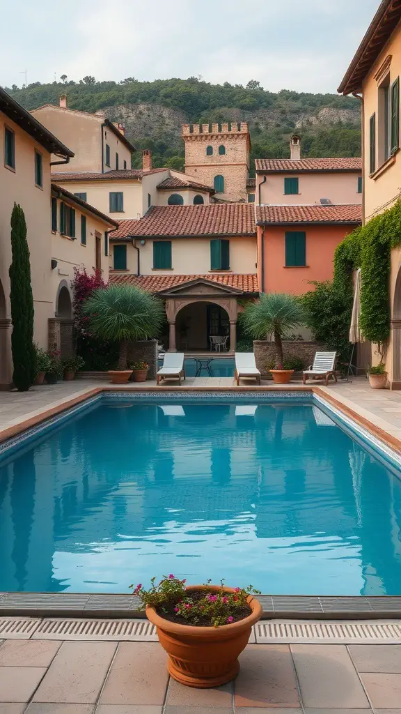 23+ Stunning Tuscan Pool Designs for Your Dream Backyard 11 A beautiful Tuscan pool area surrounded by traditional architecture, featuring lounge chairs and potted plants.