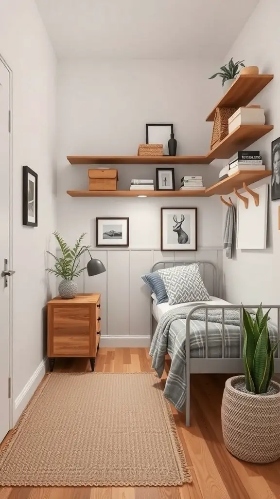 25+ Creative Tiny Guest Bedroom Ideas for a Cozy Space 5 A small guest bedroom with a bed, wooden shelves, and decorative items on the walls.