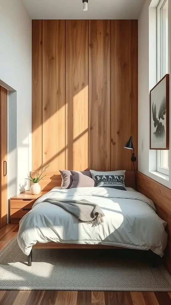 27+ Inspiring Small Bedroom Arrangement Ideas for Maximizing Space 8 Cozy small bedroom with a bed against a wooden wall, showcasing natural light and minimal decor.