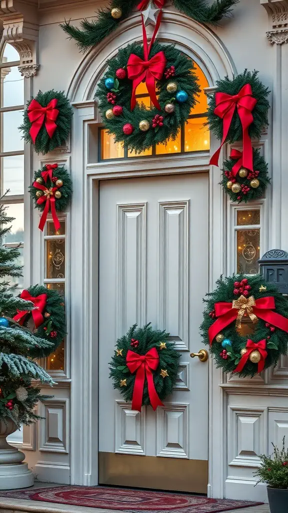 Luxurious Christmas wreaths with red bows and colorful ornaments on a beautifully decorated door.