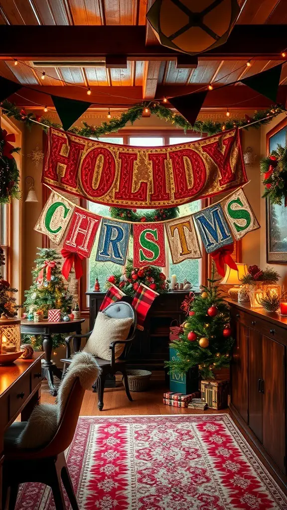 A cozy room decorated for Christmas with a colorful fabric banner that reads 'HOLIDAY CHRSTMS' and festive decorations.