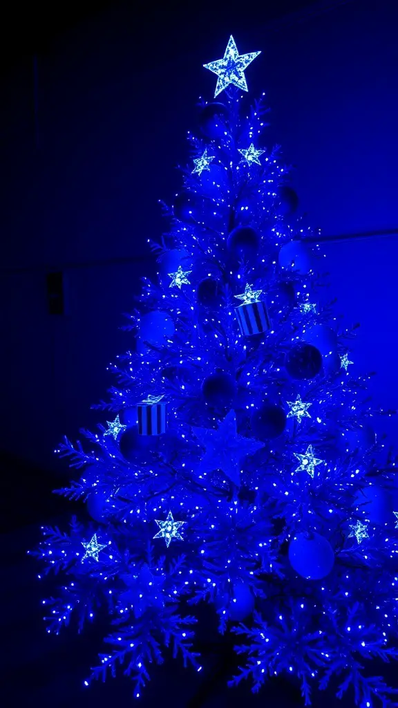 A Christmas tree decorated with navy blue lights and ornaments.