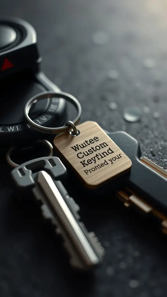 23+ Unique 2 Year Anniversary Gifts for Him 13 A close-up of a custom engraved keychain on a keyring, showcasing a personal touch.