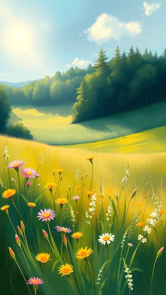 29+ Stunning Landscape Paintings You Need to See 8 A vibrant impressionist landscape featuring a sunny meadow with colorful wildflowers and a forest in the background.