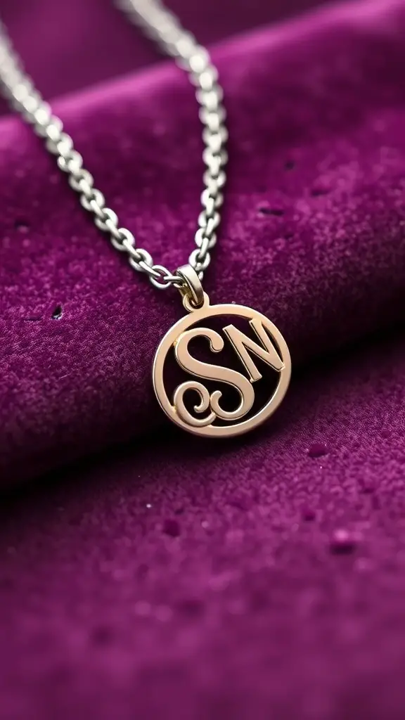 33+ Thoughtful Gifts Your Sister Will Adore 6 A close-up of a personalized necklace with initials on a purple background.