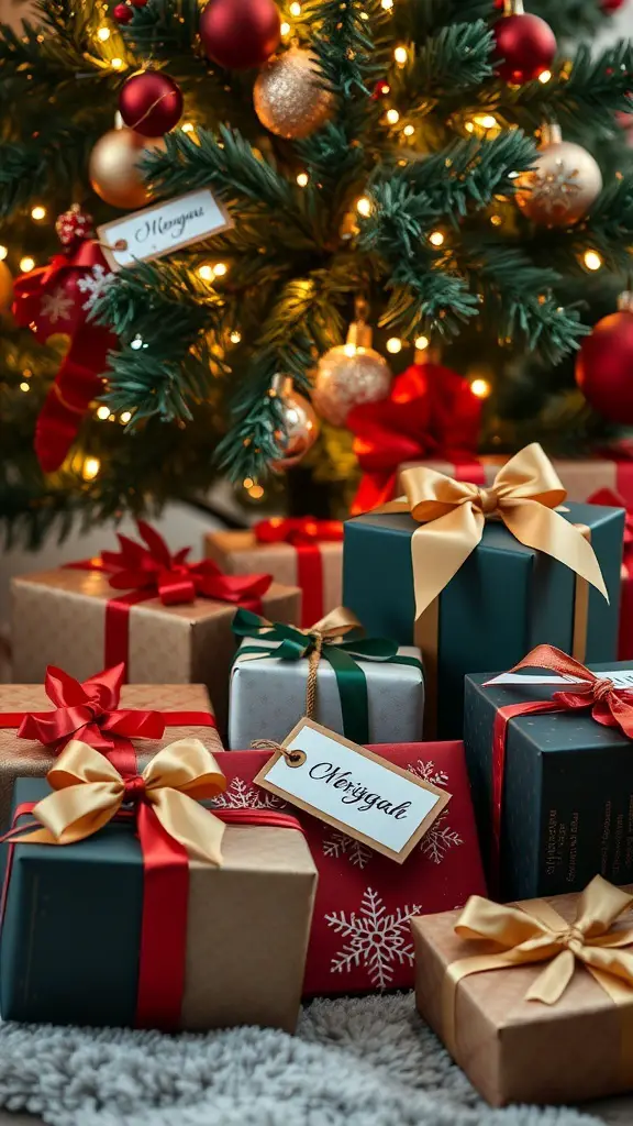 A collection of beautifully wrapped Christmas gifts with ribbons and tags under a decorated tree.
