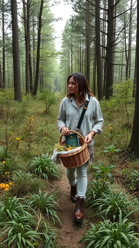 33+ Fascinating Wild Plants You Can Discover Today 13 A person walking in a forest with a basket and a book, exploring wild plants.