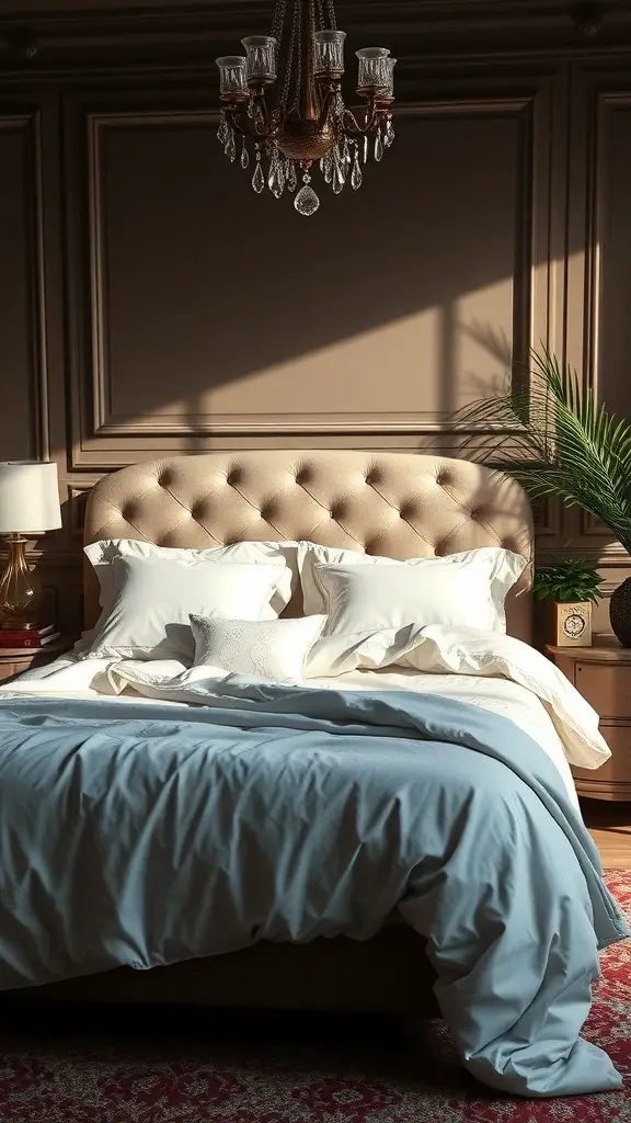 27+ Unique Wedding Gifts for Every Couple 8 A luxurious bed with a light blue duvet and white pillows, featuring elegant decor and soft lighting.