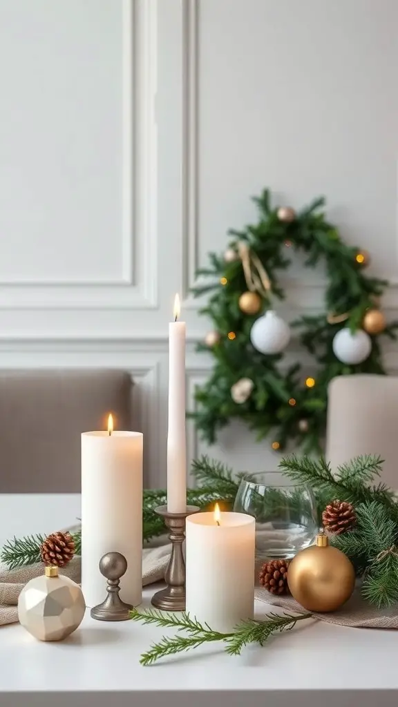 Chic Belgian holiday decor featuring candles, pinecones, and a green wreath.