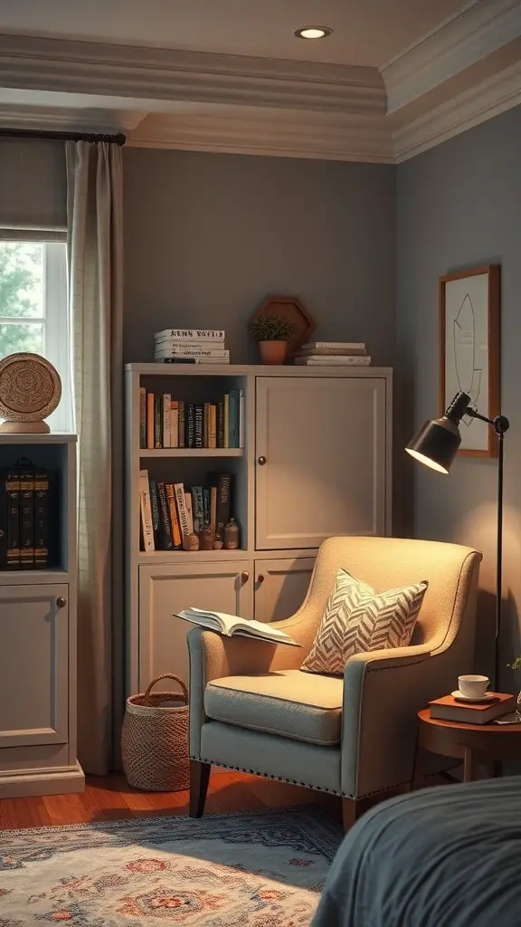 27+ Charming Small Master Room Ideas for Cozy Living 8 Cozy reading nook with an armchair, bookshelf, and warm lighting