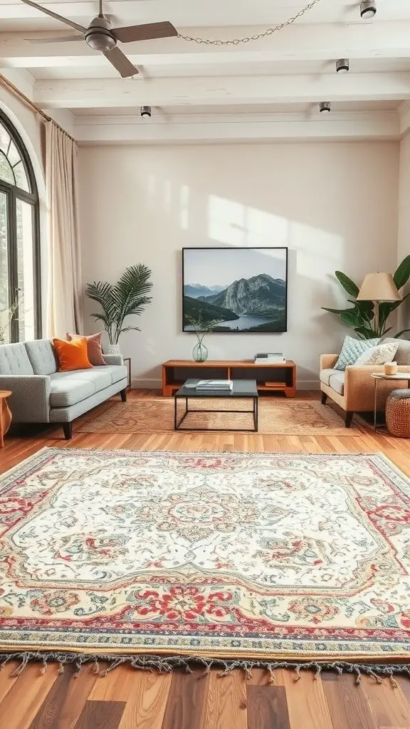 27+ Contemporary Rugs to Elevate Your Living Room Style 3 A cozy living room with layered rugs, showcasing an ornate top rug over a simpler base rug.