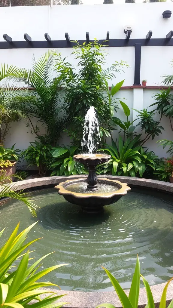 23+ Stunning Mediterranean Patio Ideas for Your Outdoor Oasis 3 A beautiful tiered fountain surrounded by lush greenery in a Mediterranean patio.