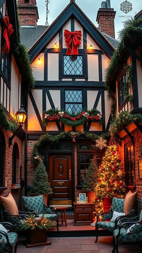 Exterior of a Tudor mansion decorated for Christmas with bows, greenery, and a lit tree.