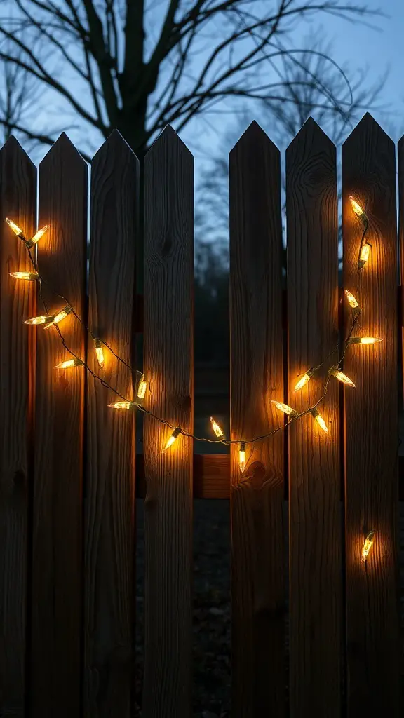 Twinkling string lights on a wooden fence during dusk