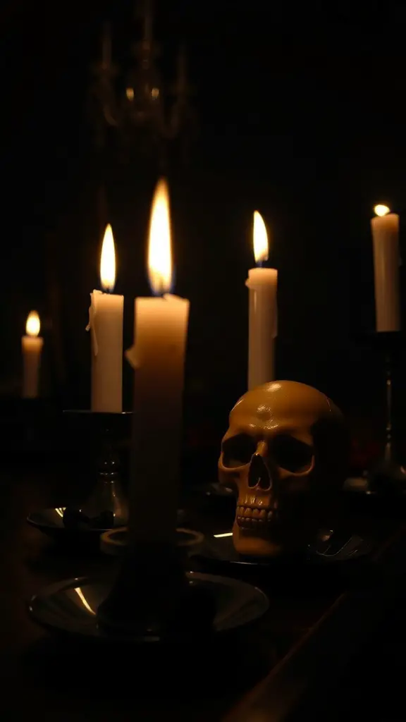 Creepy candle holders with skull and flickering candles
