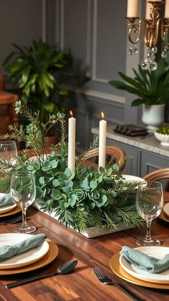 A seasonal greenery centerpiece with candles and succulents on a dining table