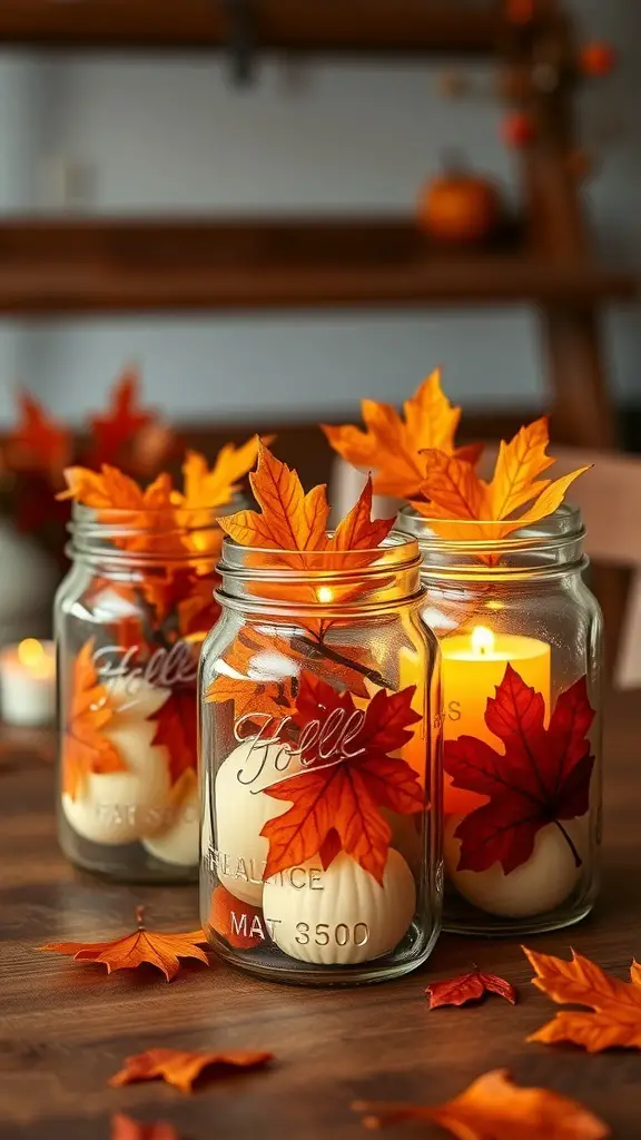 Mason jars filled with candles and autumn leaves, creating a cozy fall decoration.