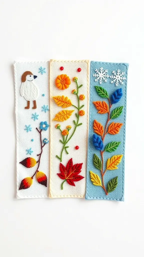 Three embroidered bookmarks representing different seasons: winter, spring, and autumn.