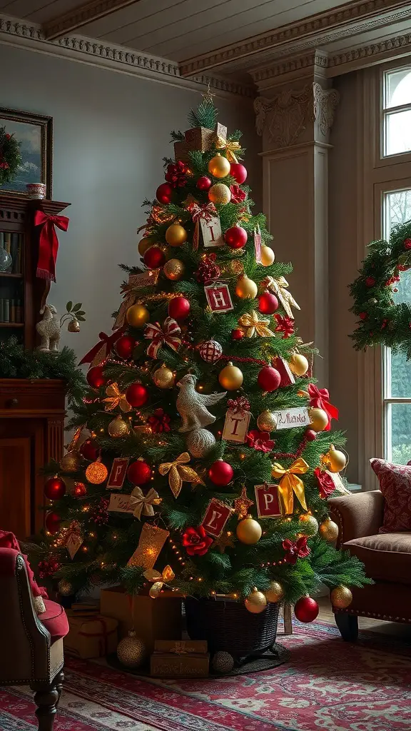 A beautifully decorated Old World Christmas tree with red and gold ornaments, ribbons, and warm lighting.