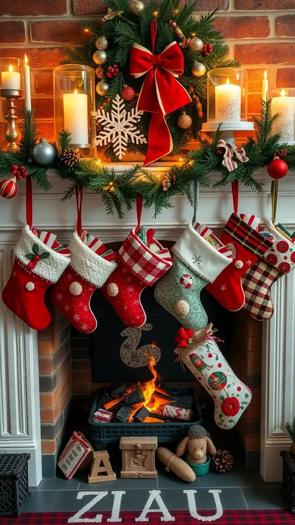 A cozy fireplace decorated with vintage Christmas stockings and festive decor