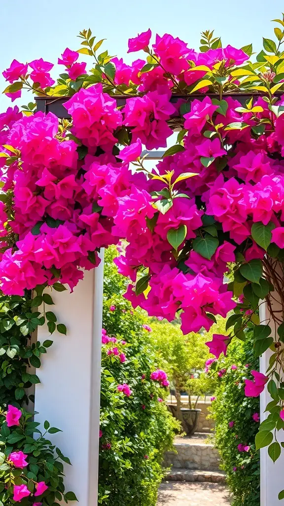 27+ Stunning Greek Garden Ideas for a Mediterranean Oasis 6 Vibrant pink bougainvillea flowers framing a garden path