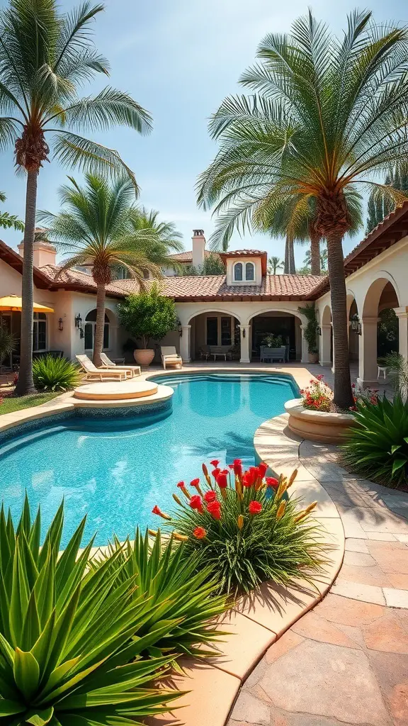 23+ Stunning Spanish Style Pool Designs to Inspire Your Backyard Oasis 3 Spanish style pool surrounded by palm trees and colorful flowers
