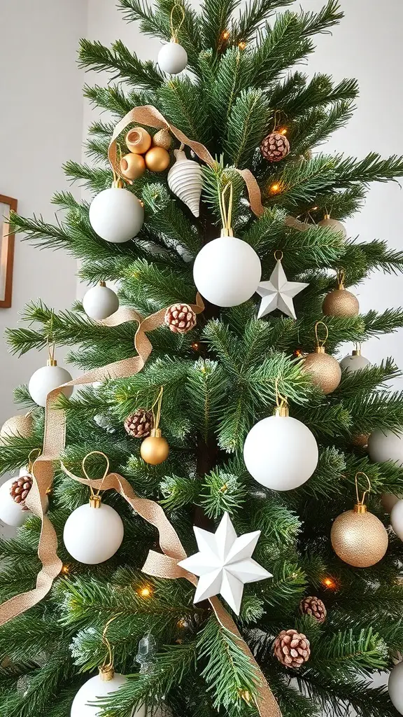 Minimalist Christmas tree decorated with white and gold ornaments, pinecones, and ribbon.