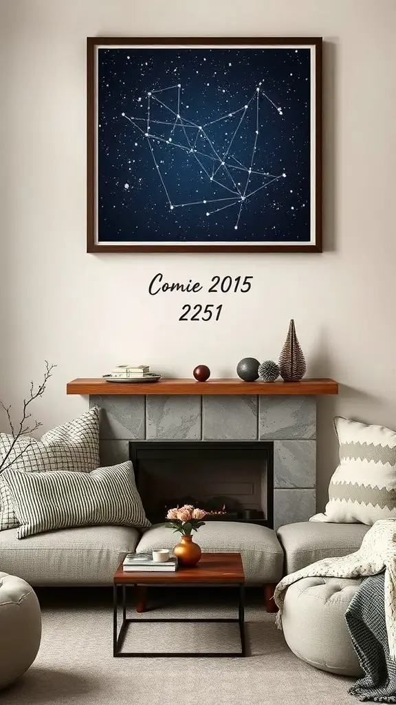 A custom star map framed and displayed above a cozy living room setting.