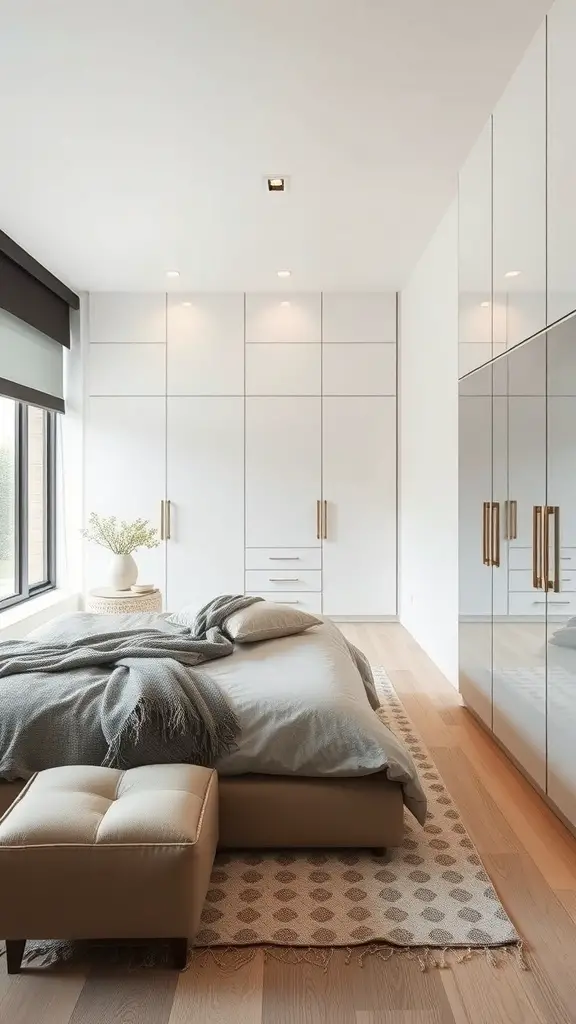 23+ Creative Small Long Bedroom Ideas for Stylish Spaces 3 A modern bedroom featuring built-in wardrobes with mirrored doors and a cozy bed.