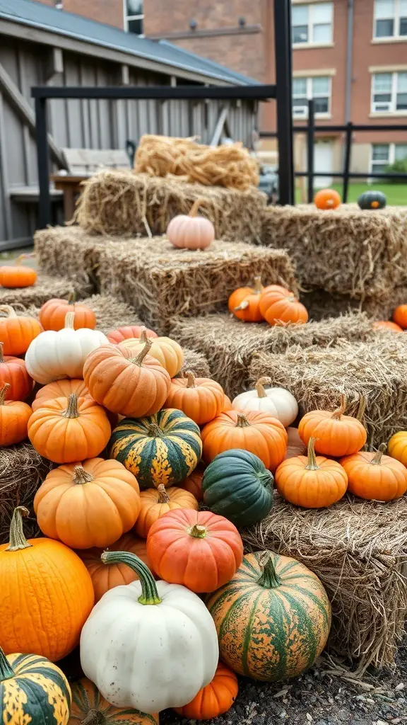 A display of colorful pumpkins and hay bales in a fall setting.