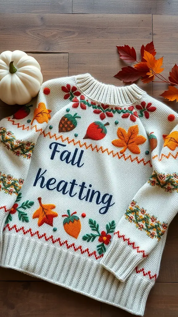 33+ Stunning Fall Embroidery Ideas to Try This Season 9 A cozy sweater with fall-themed embroidery, featuring leaves, pumpkins, and the phrase 'Fall keatting'.