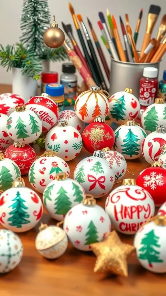 A collection of hand-painted Christmas ornaments in various designs and colors, surrounded by paint supplies.