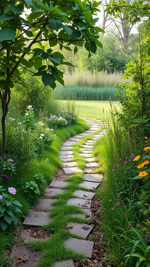31+ Wild Garden Ideas to Transform Your Outdoor Space 4 A winding stone pathway surrounded by lush greenery and colorful flowers in a garden.