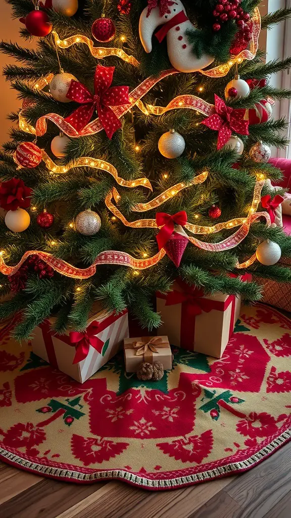 A beautifully decorated Christmas tree with a retro-style skirt, featuring red and gold patterns, surrounded by wrapped gifts.