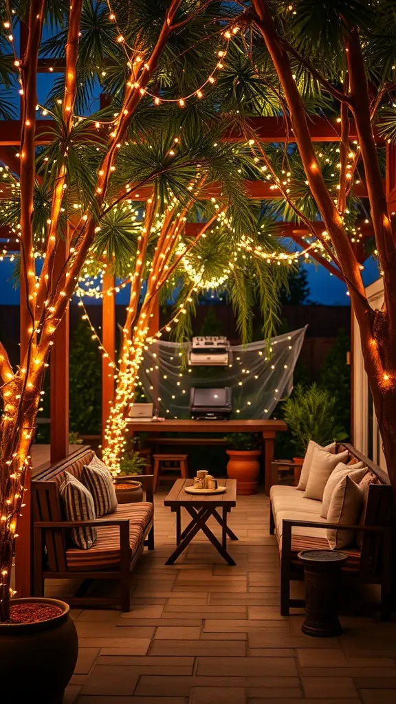 Cozy outdoor seating area decorated with twinkling fairy lights