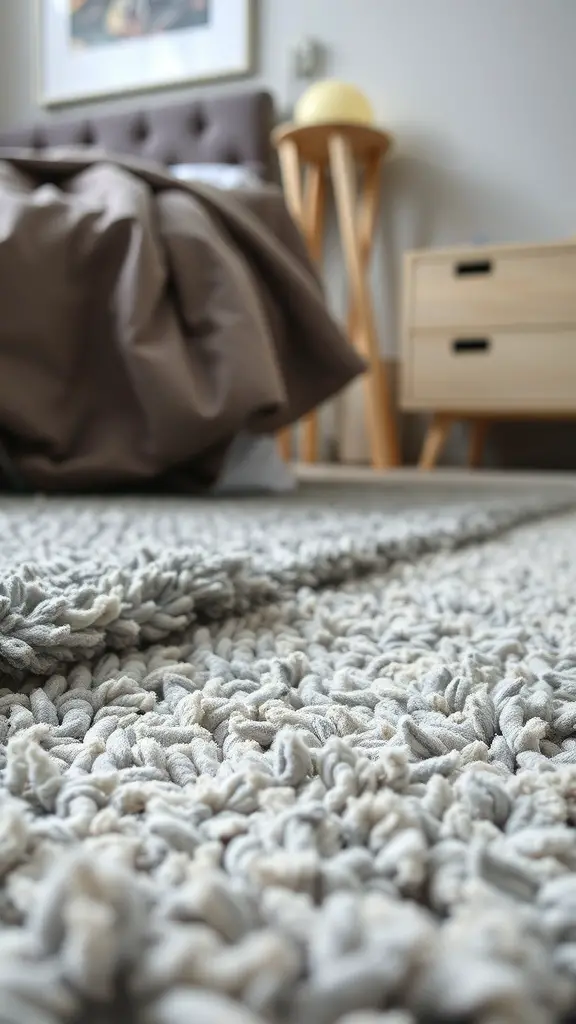 23+ Stylish Grey Carpet Bedroom Ideas for a Cozy Retreat 9 A close-up view of a textured grey carpet in a bedroom, featuring a bed with a brown duvet and wooden furniture.