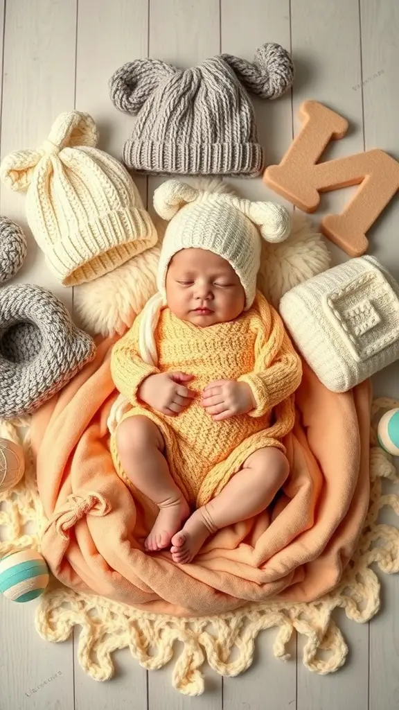 A sleeping baby surrounded by knitted hats and soft blankets.