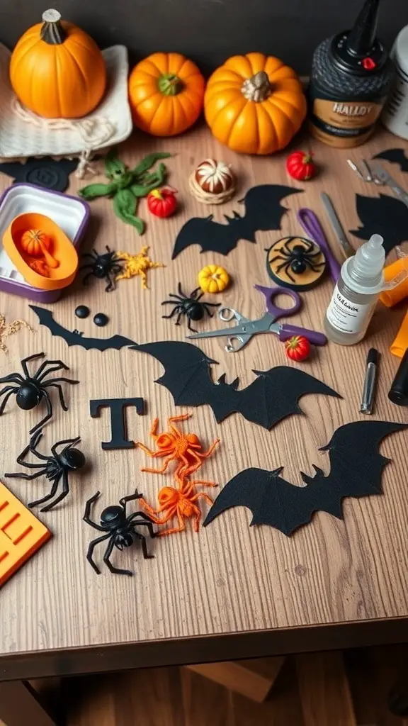 A table filled with Halloween crafting materials, including pumpkins, spiders, and bats.
