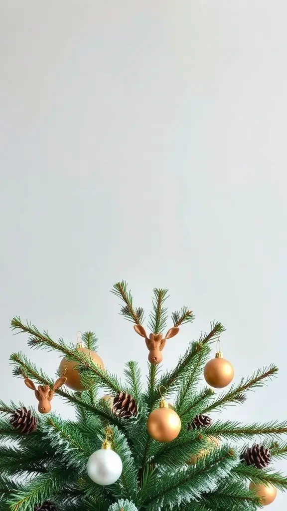A minimalist Christmas tree with green branches, golden and white ornaments, and reindeer decorations.