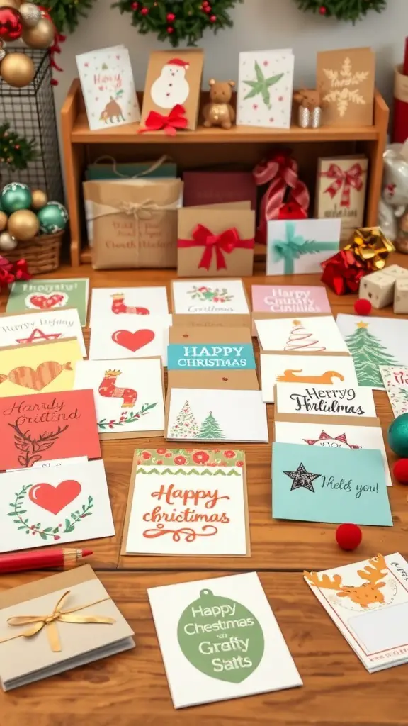A variety of handmade greeting cards displayed on a wooden table, featuring festive designs and colors.