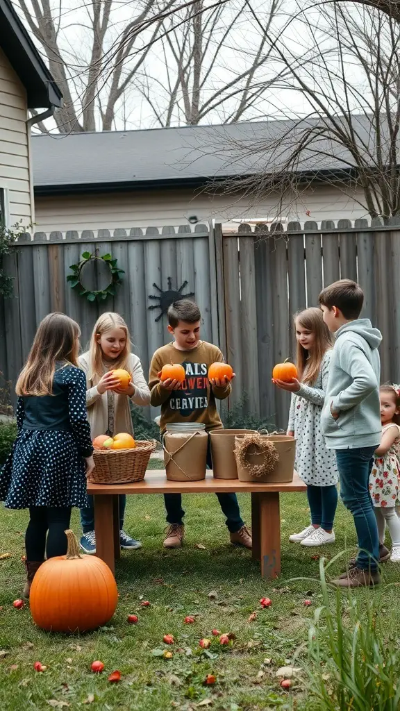 Children playing Halloween games with pumpkins in a backyard