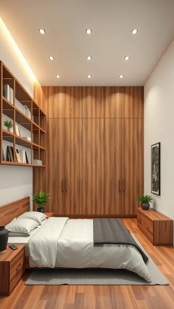 27+ Creative Long and Narrow Bedroom Ideas for Maximizing Space 4 A long and narrow bedroom featuring wooden storage solutions and a cozy bed.