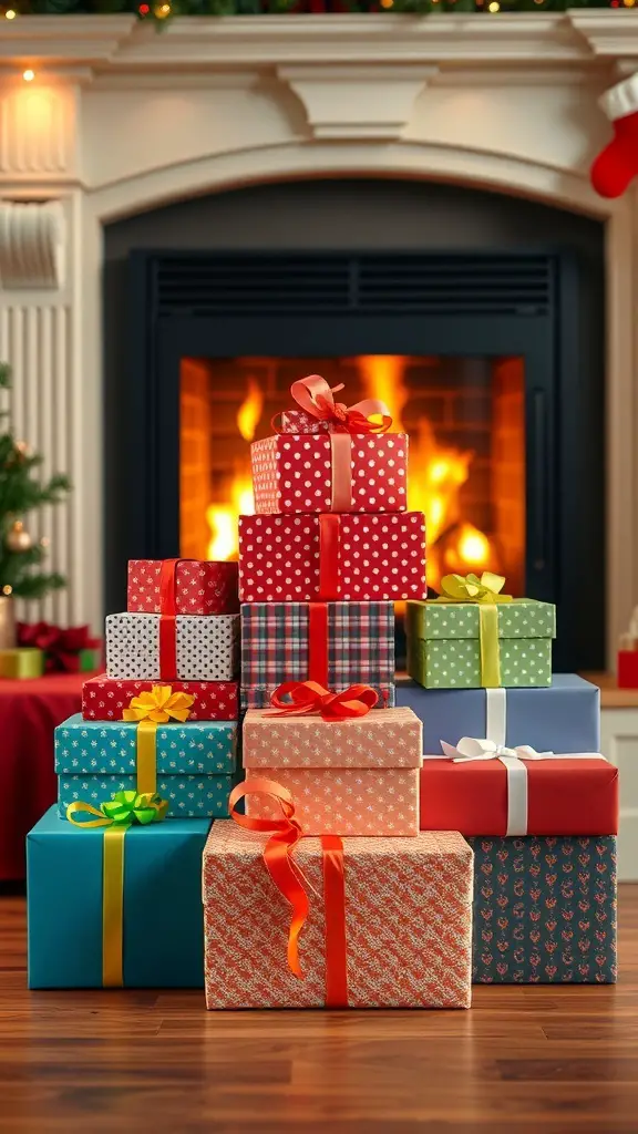 Colorful gift boxes stacked in front of a fireplace, creating a festive holiday decor.