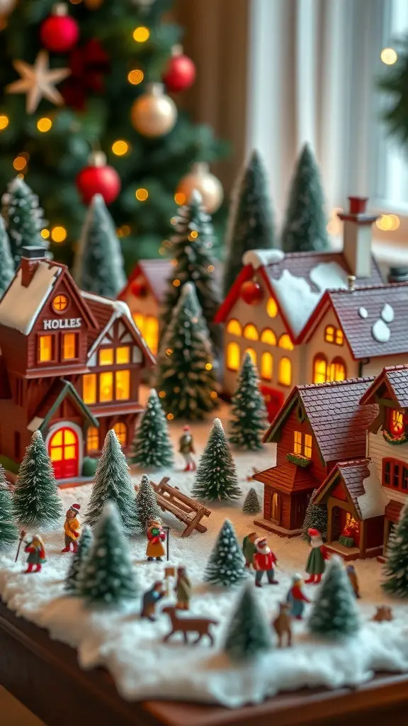 A classic Christmas village display with miniature houses, trees, and figurines.