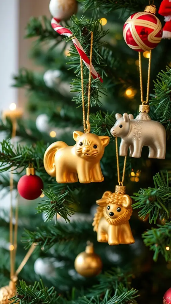 Whimsical gold animal ornaments hanging on a Christmas tree
