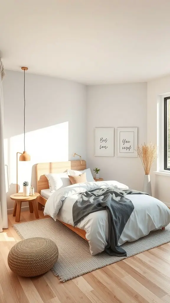 27+ Charming Small Master Room Ideas for Cozy Living 10 A minimalist small master bedroom with a wooden bed, cozy bedding, and natural light.