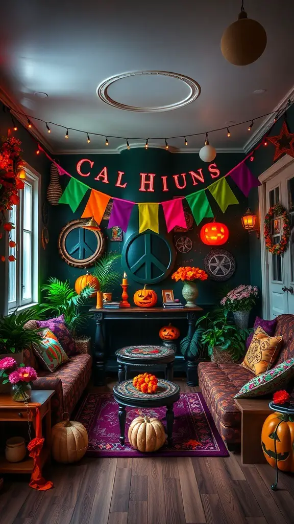 A cozy room decorated for Halloween with peace signs, pumpkins, and colorful banners.